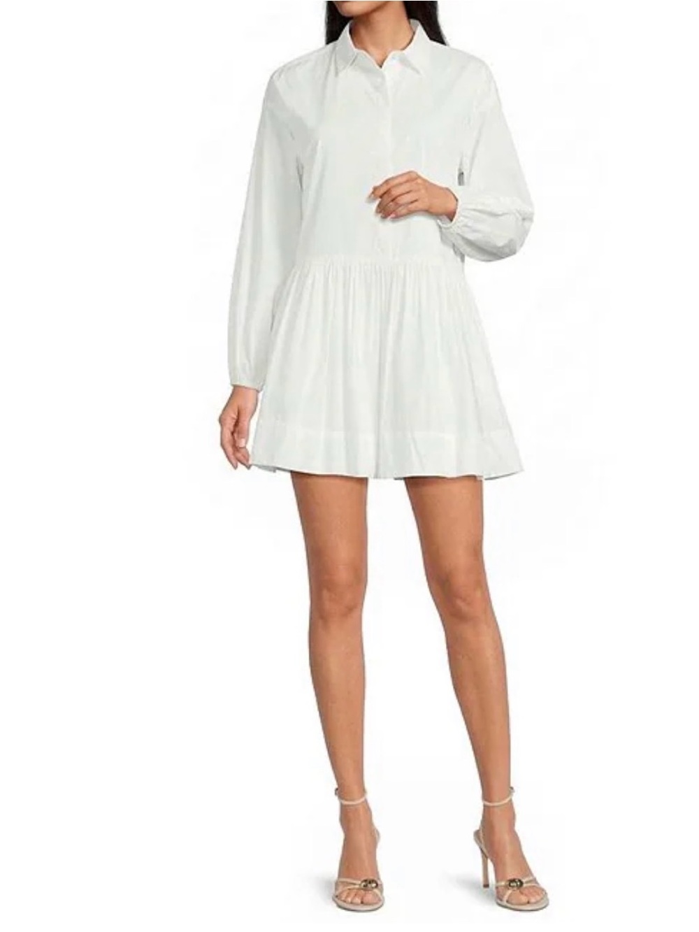 French Connection White Long-Sleeve Collared Tiered Mini Dress